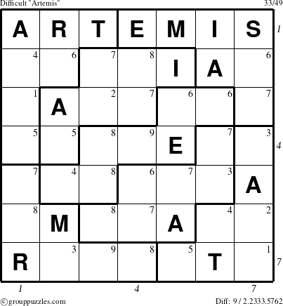 The grouppuzzles.com Difficult Artemis puzzle for , suitable for printing, with all 9 steps marked