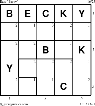 The grouppuzzles.com Easy Becky puzzle for  with all 3 steps marked