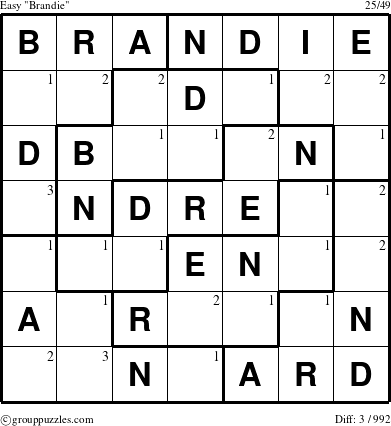 The grouppuzzles.com Easy Brandie puzzle for  with the first 3 steps marked