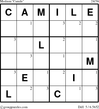 The grouppuzzles.com Medium Camile puzzle for  with the first 3 steps marked