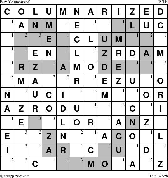 The grouppuzzles.com Easy Columnarized puzzle for  with the first 3 steps marked