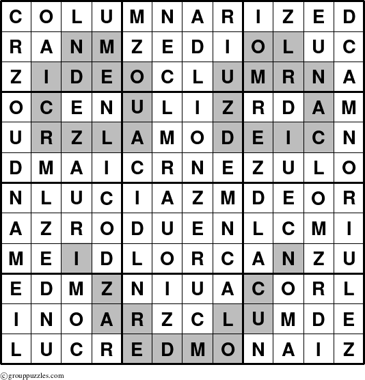 The grouppuzzles.com Answer grid for the Columnarized puzzle for 