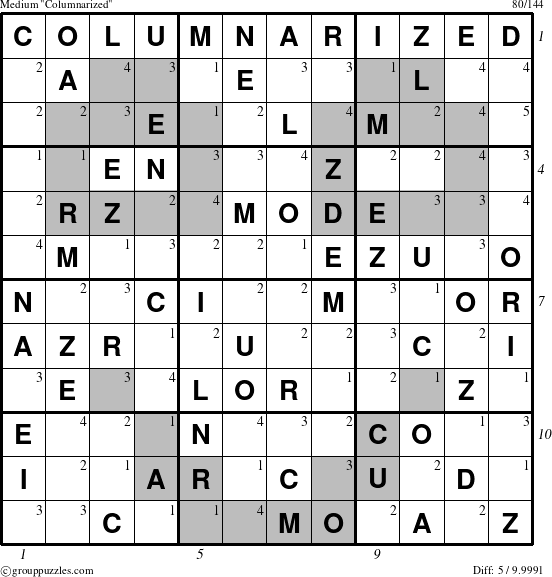 The grouppuzzles.com Medium Columnarized puzzle for  with all 5 steps marked