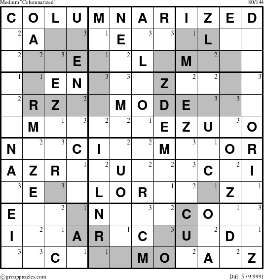 The grouppuzzles.com Medium Columnarized puzzle for  with the first 3 steps marked