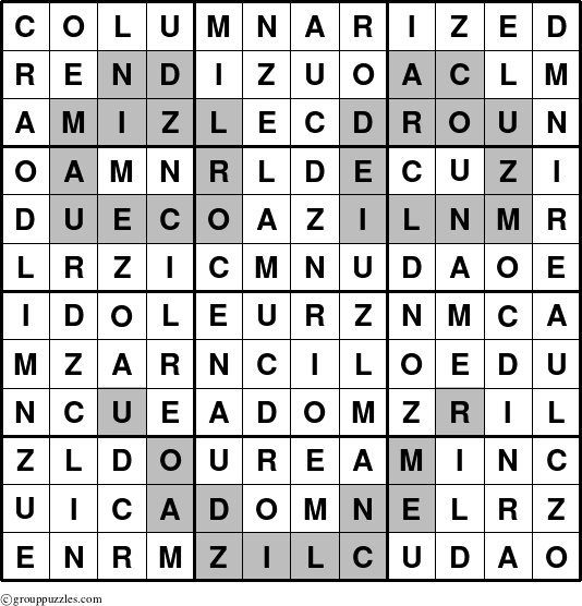 The grouppuzzles.com Answer grid for the Columnarized puzzle for 