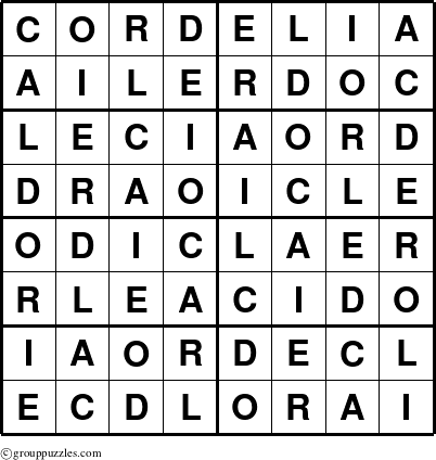 The grouppuzzles.com Answer grid for the Cordelia puzzle for 