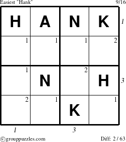 The grouppuzzles.com Easiest Hank puzzle for , suitable for printing, with all 2 steps marked