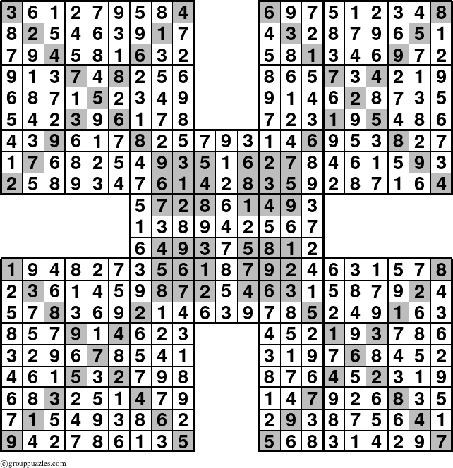 The grouppuzzles.com Answer grid for the HyperSudoku-Xtreme puzzle for 