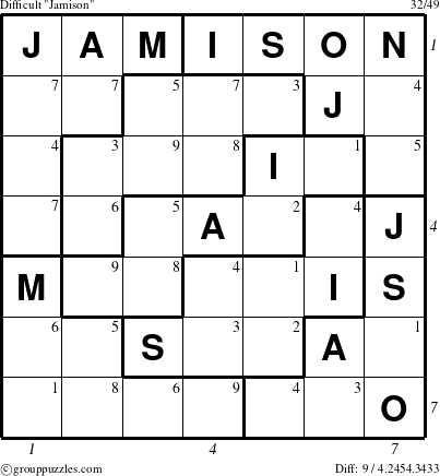 The grouppuzzles.com Difficult Jamison puzzle for  with all 9 steps marked