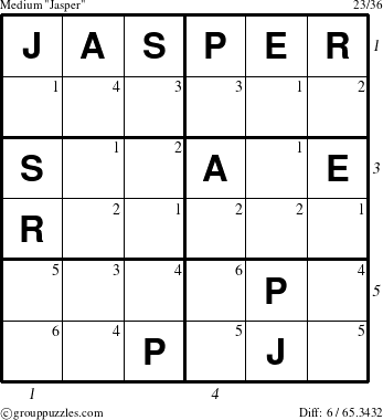The grouppuzzles.com Medium Jasper puzzle for , suitable for printing, with all 6 steps marked