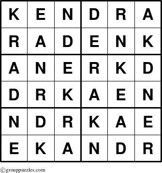 The grouppuzzles.com Answer grid for the Kendra puzzle for 