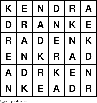 The grouppuzzles.com Answer grid for the Kendra puzzle for 