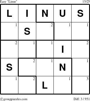 The grouppuzzles.com Easy Linus puzzle for  with the first 3 steps marked
