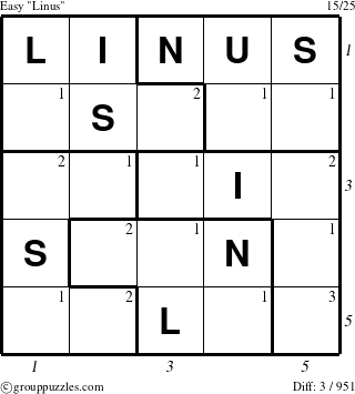 The grouppuzzles.com Easy Linus puzzle for , suitable for printing, with all 3 steps marked