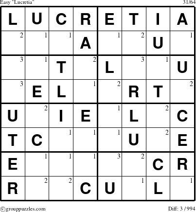 The grouppuzzles.com Easy Lucretia puzzle for  with the first 3 steps marked