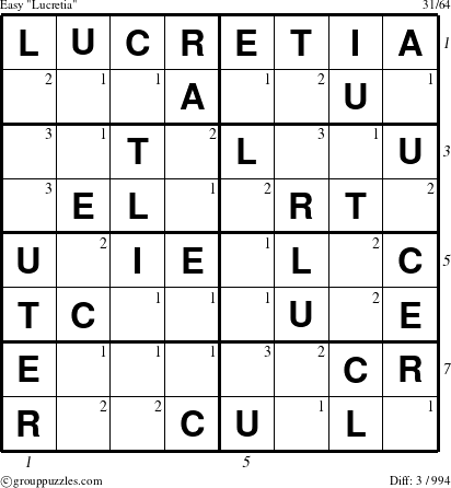 The grouppuzzles.com Easy Lucretia puzzle for  with all 3 steps marked