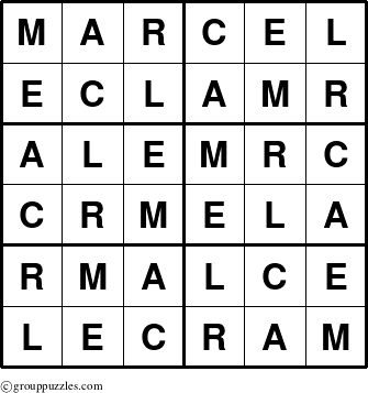 The grouppuzzles.com Answer grid for the Marcel puzzle for 