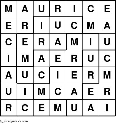 The grouppuzzles.com Answer grid for the Maurice puzzle for 