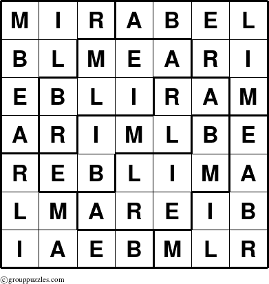 The grouppuzzles.com Answer grid for the Mirabel puzzle for 