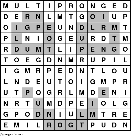 The grouppuzzles.com Answer grid for the Multipronged puzzle for 