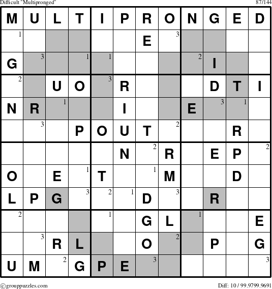 The grouppuzzles.com Difficult Multipronged puzzle for  with the first 3 steps marked