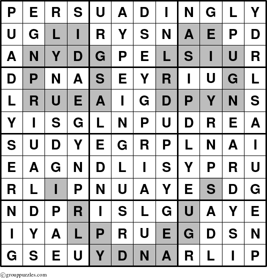 The grouppuzzles.com Answer grid for the Persuadingly puzzle for 