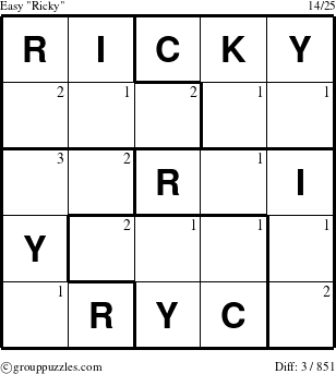 The grouppuzzles.com Easy Ricky puzzle for  with the first 3 steps marked