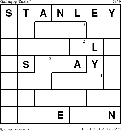 The grouppuzzles.com Challenging Stanley puzzle for  with the first 3 steps marked