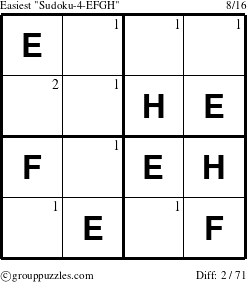 The grouppuzzles.com Easiest Sudoku-4-EFGH puzzle for  with the first 2 steps marked
