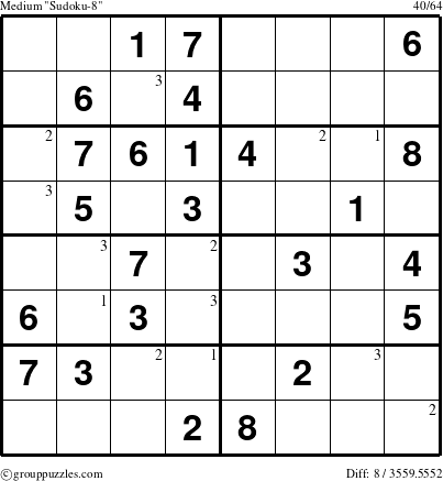 The grouppuzzles.com Medium Sudoku-8 puzzle for  with the first 3 steps marked