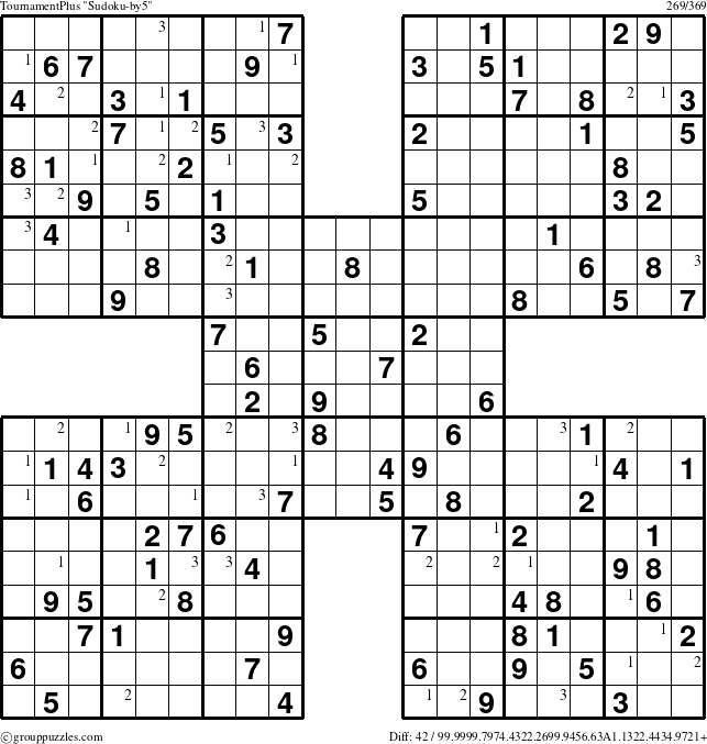 The grouppuzzles.com TournamentPlus Sudoku-by5 puzzle for  with the first 3 steps marked