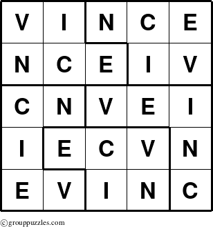 The grouppuzzles.com Answer grid for the Vince puzzle for 