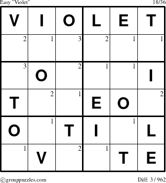 The grouppuzzles.com Easy Violet puzzle for  with the first 3 steps marked
