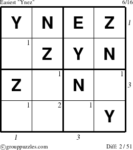 The grouppuzzles.com Easiest Ynez puzzle for  with all 2 steps marked