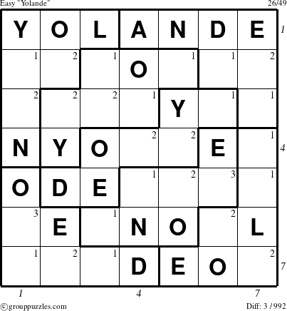 The grouppuzzles.com Easy Yolande puzzle for  with all 3 steps marked