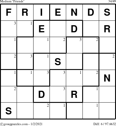The grouppuzzles.com Medium Friends puzzle for Saturday January 2, 2021 with the first 3 steps marked