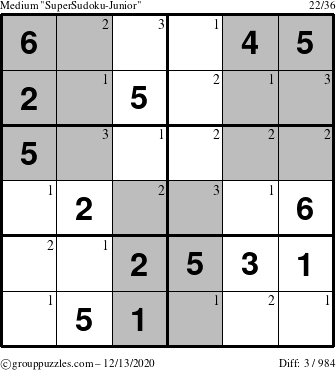 The grouppuzzles.com Medium SuperSudoku-Junior puzzle for Sunday December 13, 2020 with the first 3 steps marked