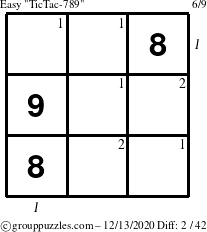 The grouppuzzles.com Easy TicTac-789 puzzle for Sunday December 13, 2020, suitable for printing, with all 2 steps marked