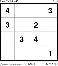 The grouppuzzles.com Easy Sudoku-4 puzzle for Tuesday January 19, 2021