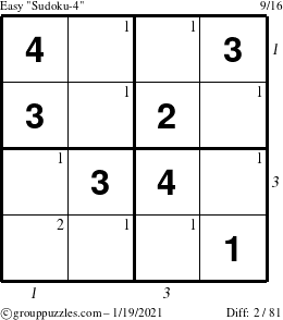 The grouppuzzles.com Easy Sudoku-4 puzzle for Tuesday January 19, 2021 with all 2 steps marked