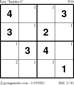 The grouppuzzles.com Easy Sudoku-4 puzzle for Tuesday January 19, 2021 with the first 2 steps marked