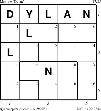 The grouppuzzles.com Medium Dylan puzzle for Tuesday January 19, 2021, suitable for printing, with all 6 steps marked