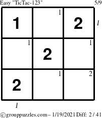 The grouppuzzles.com Easy TicTac-123 puzzle for Tuesday January 19, 2021 with all 2 steps marked