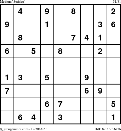 The grouppuzzles.com Medium Sudoku puzzle for Wednesday December 30, 2020