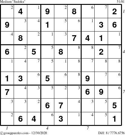 The grouppuzzles.com Medium Sudoku puzzle for Wednesday December 30, 2020 with all 8 steps marked