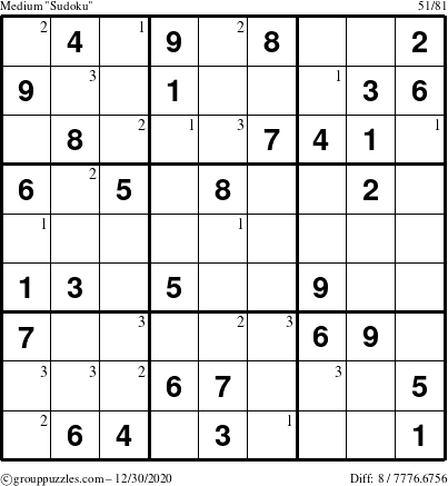 The grouppuzzles.com Medium Sudoku puzzle for Wednesday December 30, 2020 with the first 3 steps marked