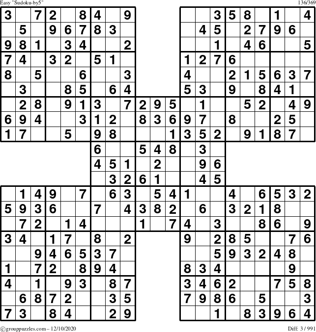 The grouppuzzles.com Easy Sudoku-by5 puzzle for Thursday December 10, 2020