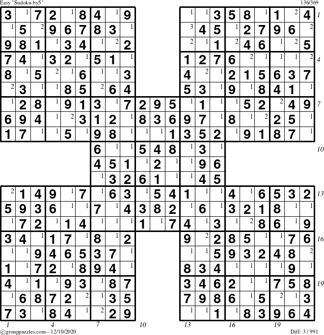 The grouppuzzles.com Easy Sudoku-by5 puzzle for Thursday December 10, 2020 with all 3 steps marked