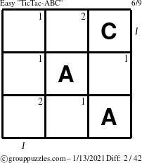 The grouppuzzles.com Easy TicTac-ABC puzzle for Wednesday January 13, 2021 with all 2 steps marked