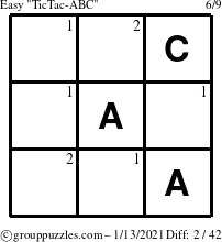 The grouppuzzles.com Easy TicTac-ABC puzzle for Wednesday January 13, 2021 with the first 2 steps marked